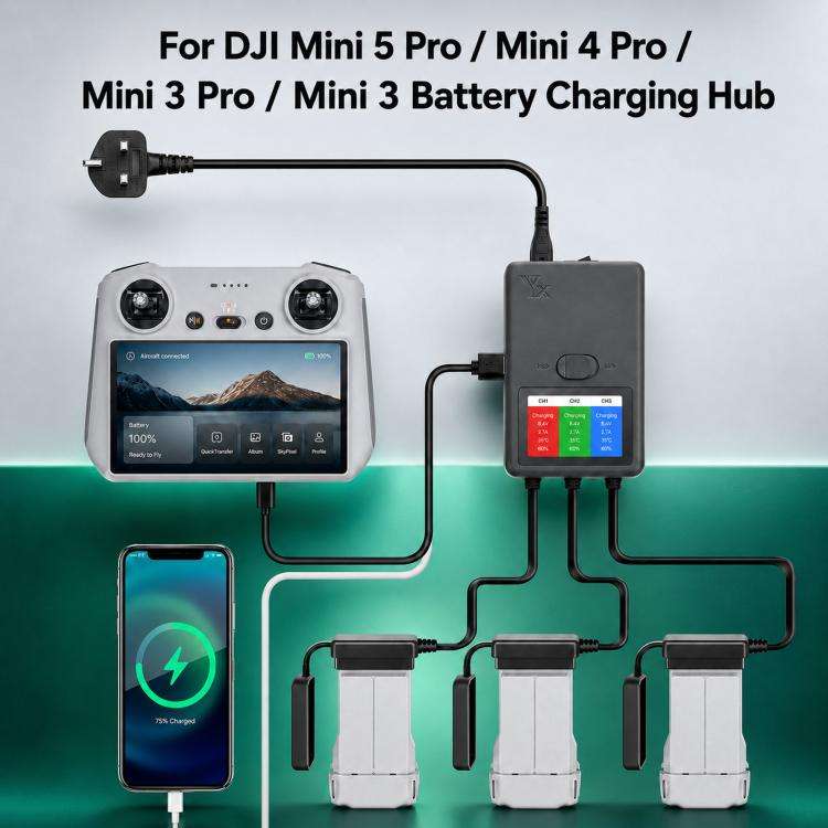 YX 3-Way Smart Charger with LCD Display For DJI Mini 5 Pro / Mini 4 Pro / Mini 3 Pro / Mini 3 Mul...