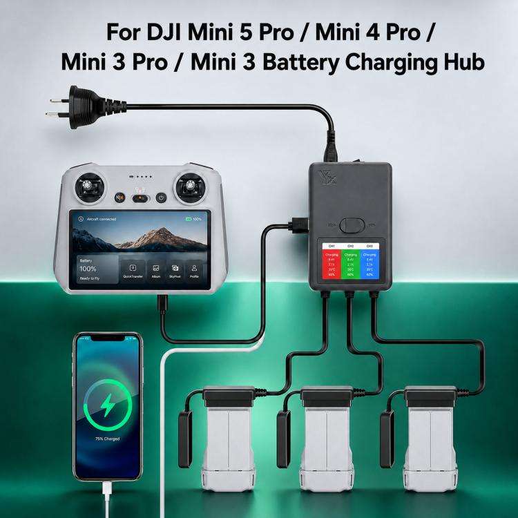 YX 3-Way Smart Charger with LCD Display For DJI Mini 5 Pro / Mini 4 Pro / Mini 3 Pro / Mini 3 Mul...
