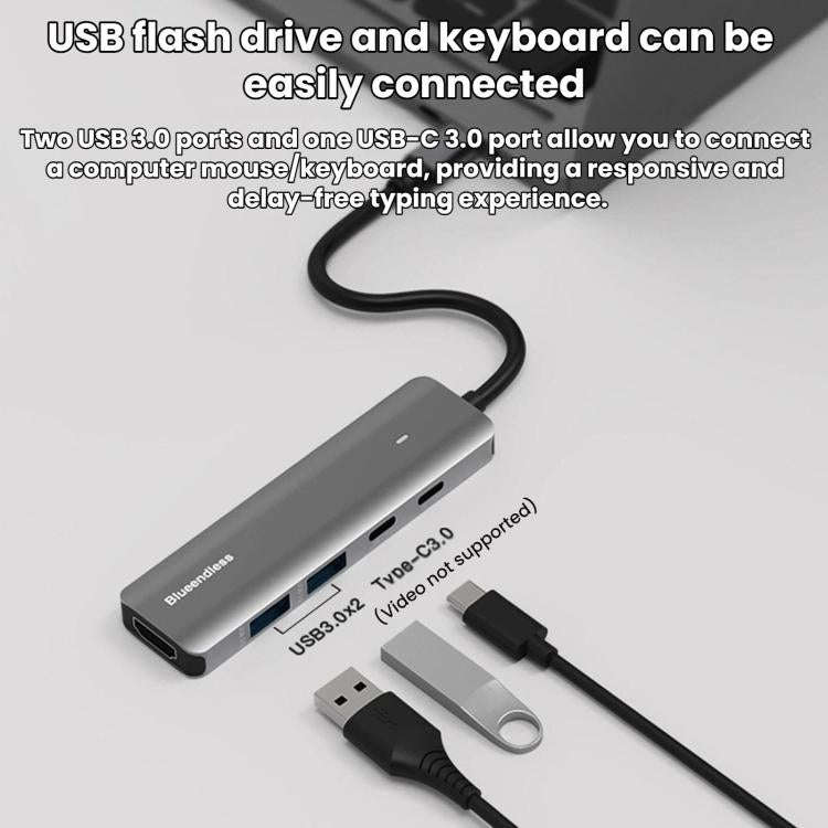 Blueendless HDMI 4K 60Hz Converter Type-C Dock(HDMI 2.0 + PD Charging + Type-C 3.0 + USB 3.0 x 2)