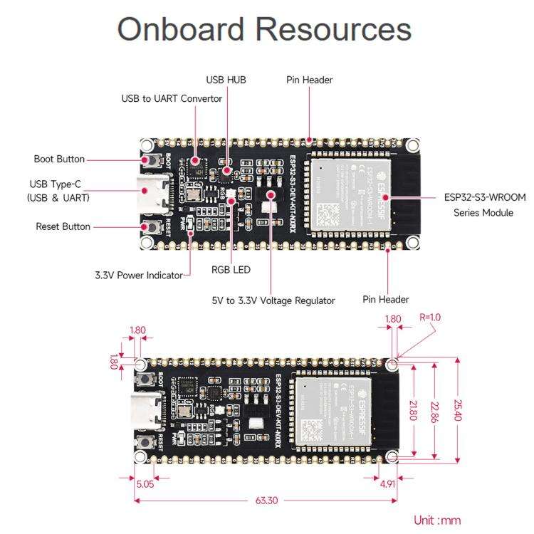 Waveshare ESP32-S3 1U-N16R8 Microcontroller 2.4GHz Wi-Fi Development Board 240MHz Dual Core Proce...