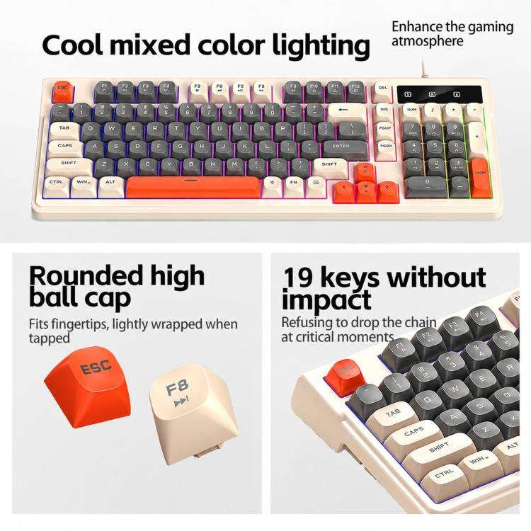 T-WOLF TF330 Wired Keyboard And Mouse Combo 3-Color Block Retro Gaming Keyboard With 98-Key Compa...