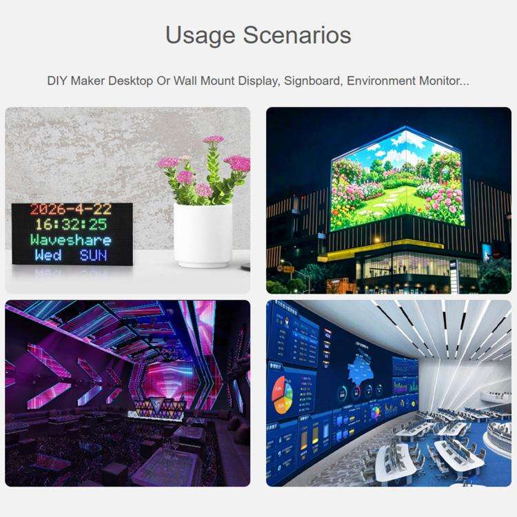 Waveshare 34431 RGB Full-color LED Matrix Panel, 4mm Pitch, 80×40 Pixels, Adjustable Brightness