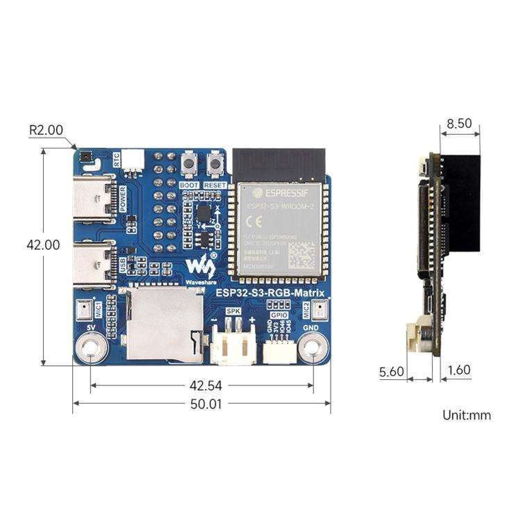 Waveshare ESP32-S3 RGB Matrix Driver Board Onboard Dual Microphones Array, Supports 2.4 GHz Wi-Fi...