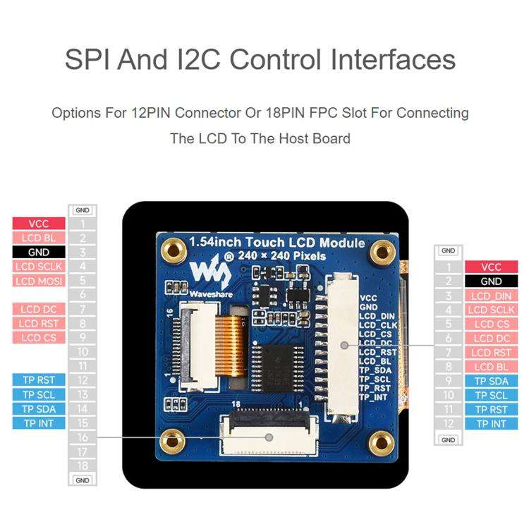 Waveshare 1.54inch Touch LCD Display Module 240×240 Resolution, IPS Panel, SPI And I2C Communica...
