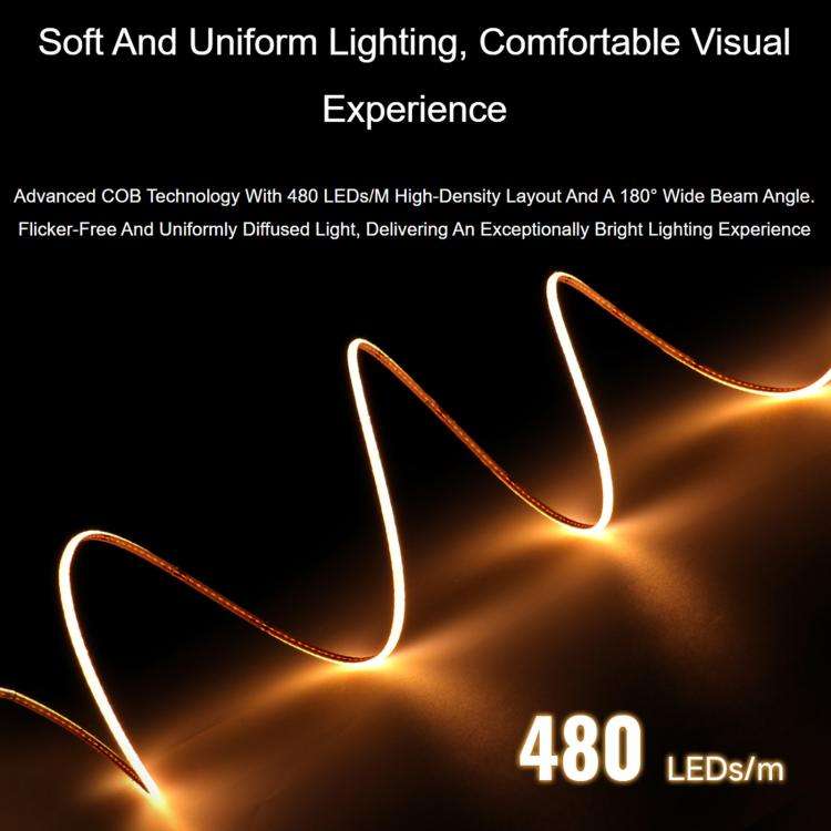 Waveshare 4000K DC 12V 5m 480 LEDs/m Single-Color COB Soft Light Strip No Light Spots Supports Fr...