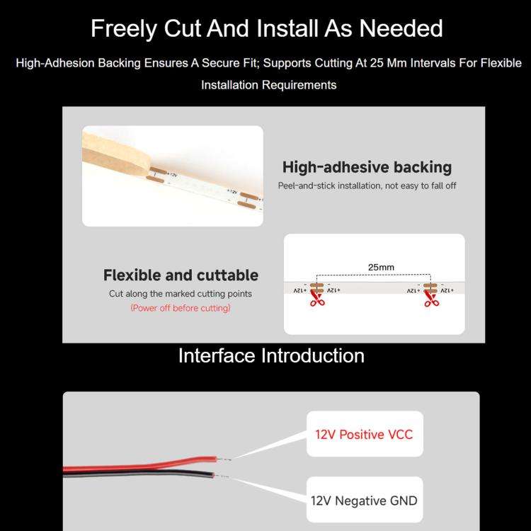 Waveshare 4000K DC 12V 5m 480 LEDs/m Single-Color COB Soft Light Strip No Light Spots Supports Fr...