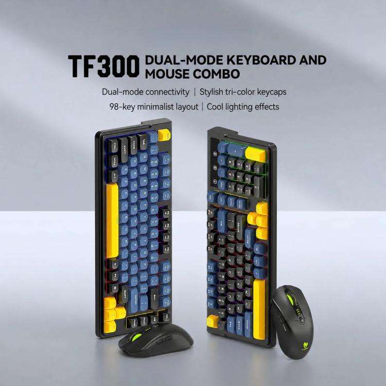 T-WOLF TF300 Rechargeable Wireless Keyboard and Mouse Combo 2.4G/Bluetooth Dual Mode 98-Key Compa...