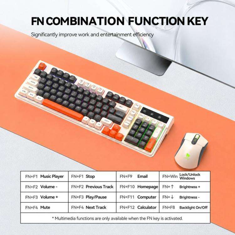 T-WOLF TF300 Rechargeable Wireless Keyboard and Mouse Combo 2.4G/Bluetooth Dual Mode 98-Key Compa...