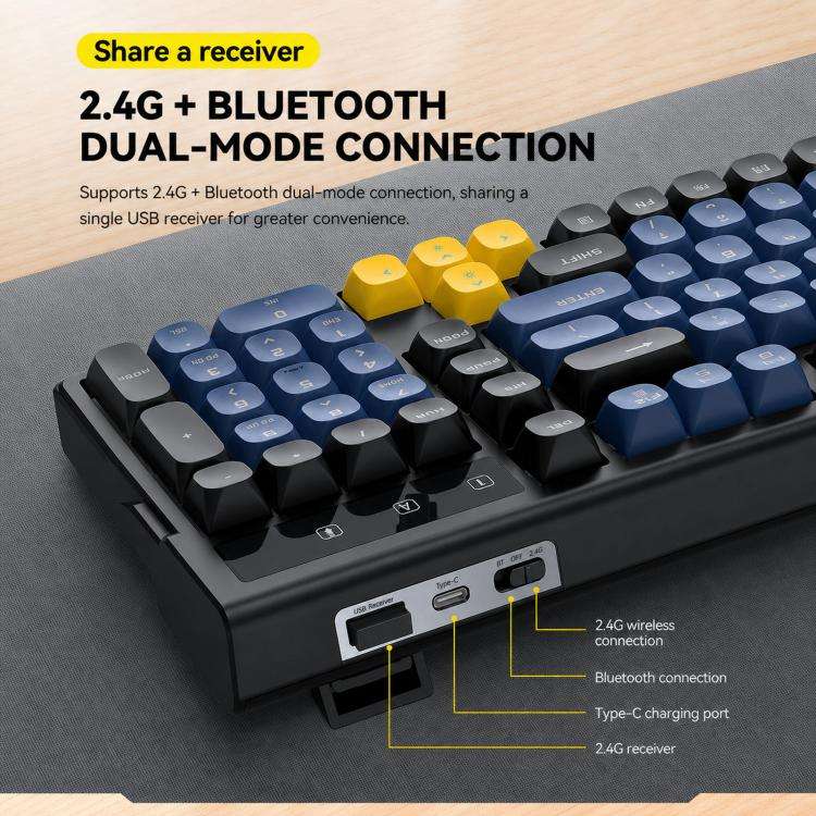 T-WOLF TF300 Rechargeable Wireless Keyboard and Mouse Combo 2.4G/Bluetooth Dual Mode 98-Key Compa...