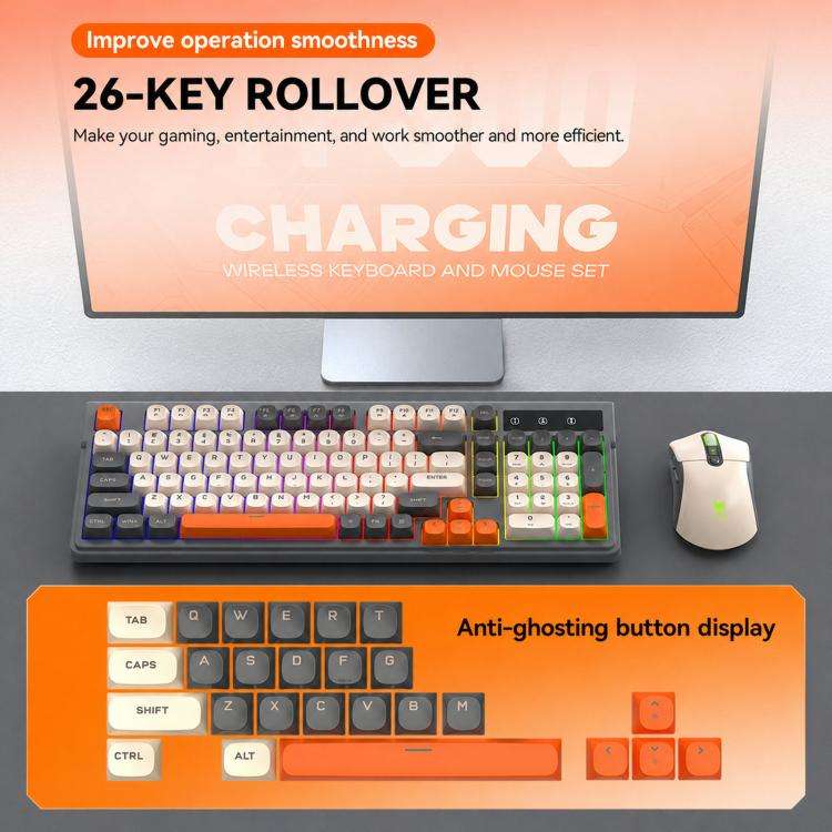 T-WOLF TF300 Rechargeable Wireless Keyboard and Mouse Combo 2.4G/Bluetooth Dual Mode 98-Key Compa...