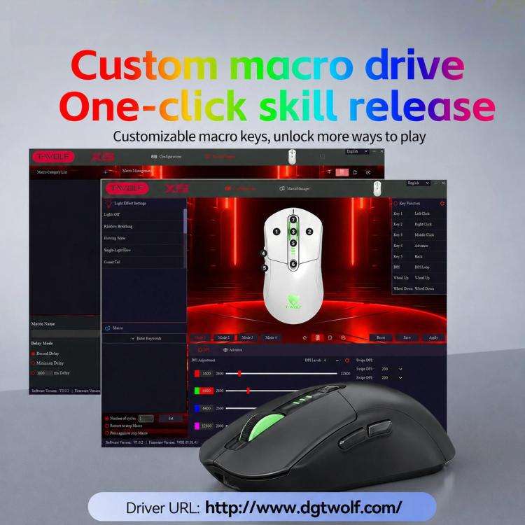 T-WOLF X5 Tri-Mode Wireless Gaming Mouse 12800 DPI Adjustable Rechargeable Gamer Mouse With RGB B...