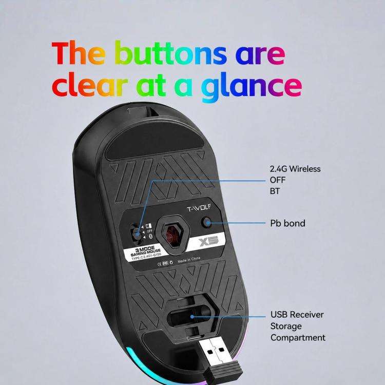 T-WOLF X5 Tri-Mode Wireless Gaming Mouse 12800 DPI Adjustable Rechargeable Gamer Mouse With RGB B...