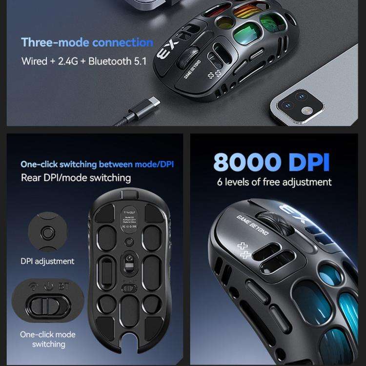 T-WOLF X3 Tri-Mode Wireless Gaming Mouse Ultra-Lightweight Hollow-Out Honeycomb Shell 8000 DPI(Si...