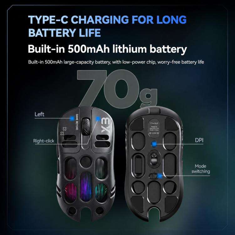 T-WOLF X3 Tri-Mode Wireless Gaming Mouse Ultra-Lightweight Hollow-Out Honeycomb Shell 8000 DPI(Si...