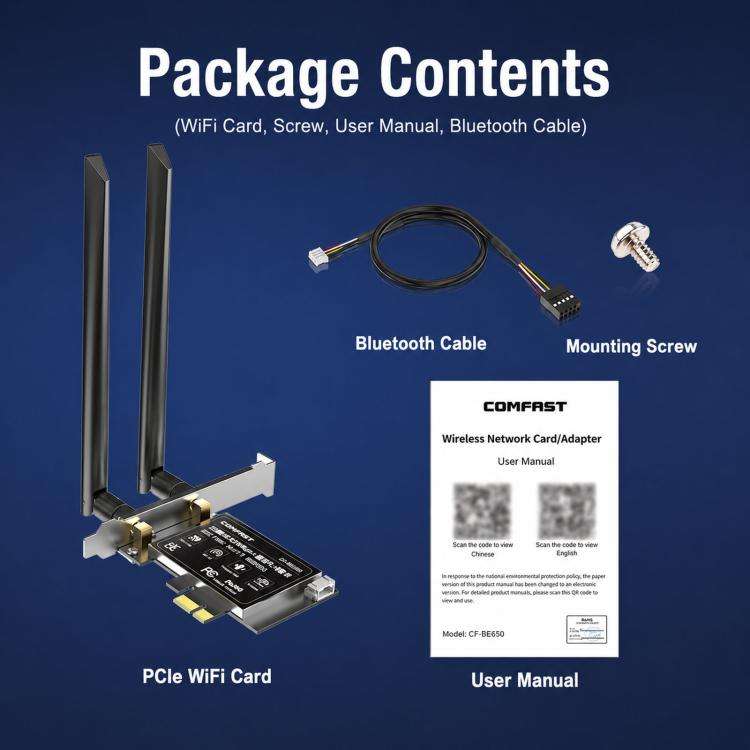 COMFAST CF-BE650 Tri-Band 6500Mbps WiFi 7 PCIe Card Bluetooth 5.4 Desktop Wireless Adapter