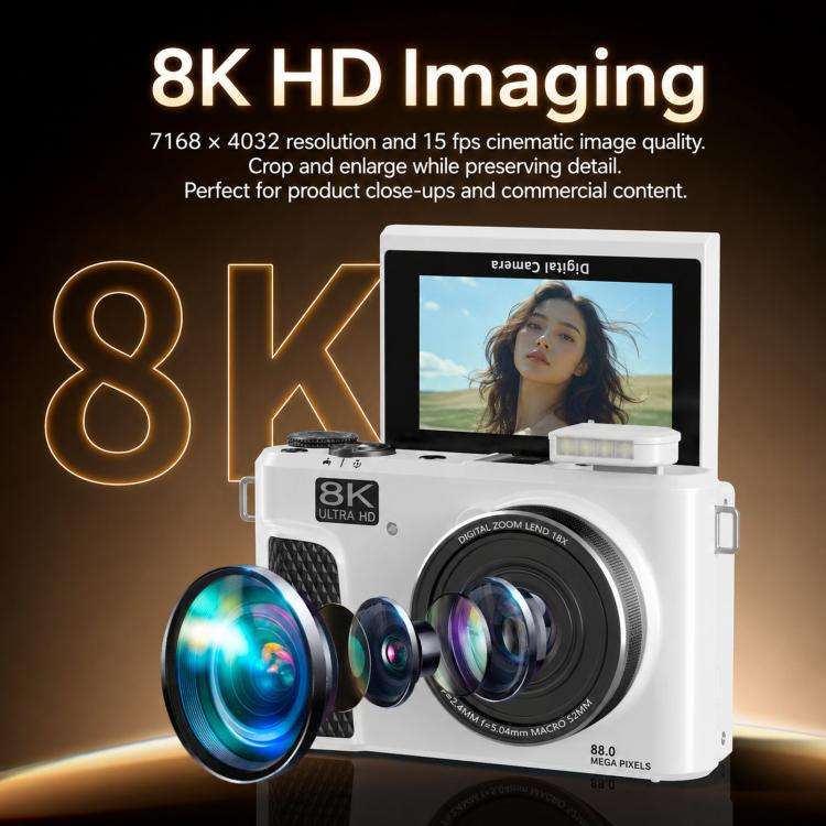 8K Digital Camera With 3.0 Inch IPS Screen 18X Zoom Auto Focus WiFi Micro Camera, Color: White 12...