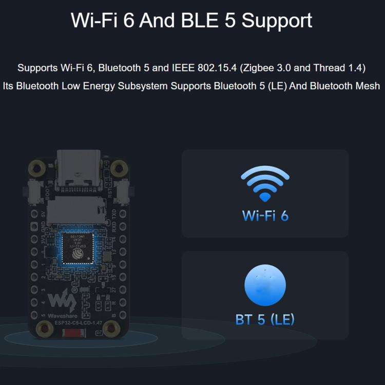 Waveshare ESP32-C5 1.47inch 262K Color LCD Display Development Board Supports Wi-Fi 6 And Bluetoo...
