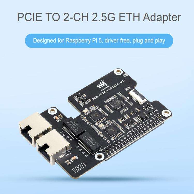 Waveshare PCIe TO 2-CH 2.5G ETH Adapter For Raspberry Pi 5 With Dual RTL8125 Chips