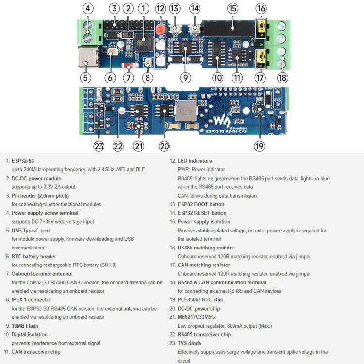 WAVESHARE ESP32-S3 Control Board With RS485 And CAN Communication Interfaces, Supports Wi-Fi / Bl...