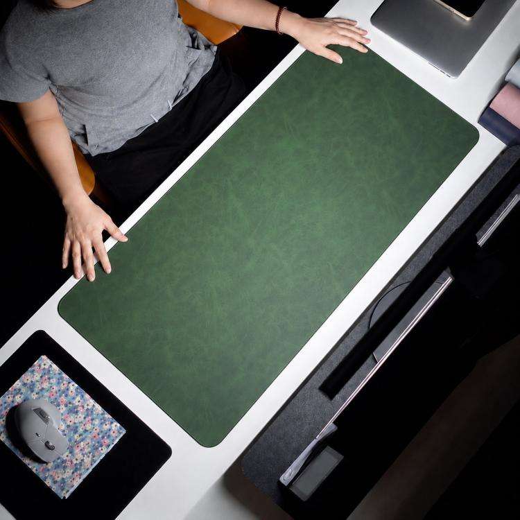 Crazy Horse Leather And Cork Desk Pad Stitched Edge Desk Mat With Matching Strap 70x35cm(Deep Green)