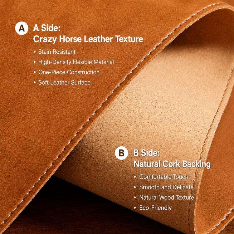 Crazy Horse Leather And Cork Desk Pad Stitched Edge Desk Mat With Matching Strap 90x45cm(Deep Cof...
