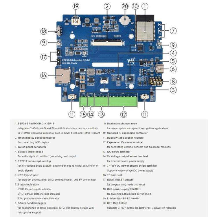 WAVESHARE ESP32-S3 7 Inch AI Voice Touch Display Development Board, 800 × 480 Resolution, 5-Poin...