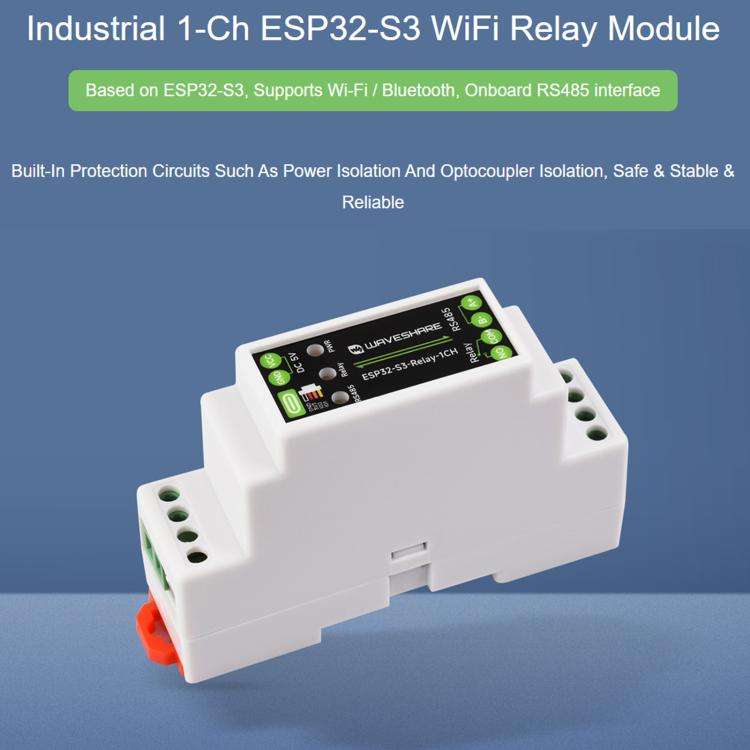 Waveshare 32152 Industrial 1-Channel ESP32-S3 WiFi Relay Module Supports WiFi / Bluetooth / RS485...