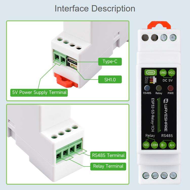 Waveshare 32152 Industrial 1-Channel ESP32-S3 WiFi Relay Module Supports WiFi / Bluetooth / RS485...