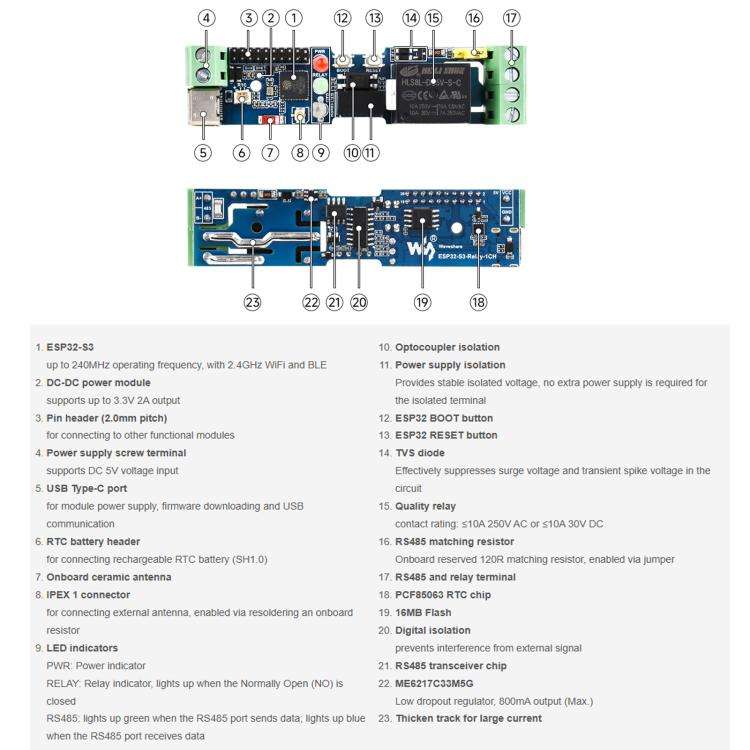 Waveshare 32152 Industrial 1-Channel ESP32-S3 WiFi Relay Module Supports WiFi / Bluetooth / RS485...