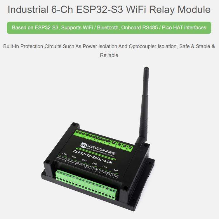 Waveshare 26756 Industrial 6-Channel ESP32-S3 WiFi Relay Module Supports WiFi / Bluetooth / RS485...