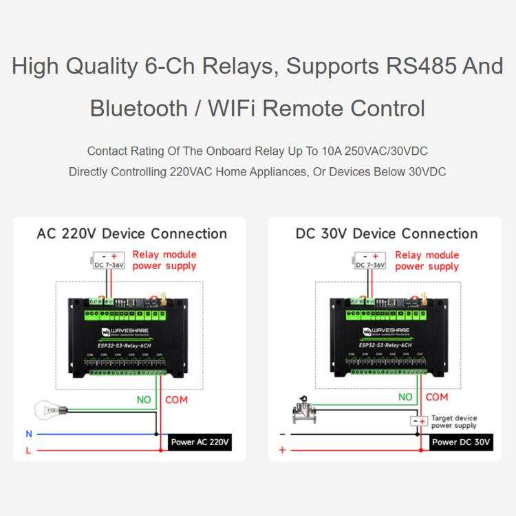 Waveshare 26756 Industrial 6-Channel ESP32-S3 WiFi Relay Module Supports WiFi / Bluetooth / RS485...