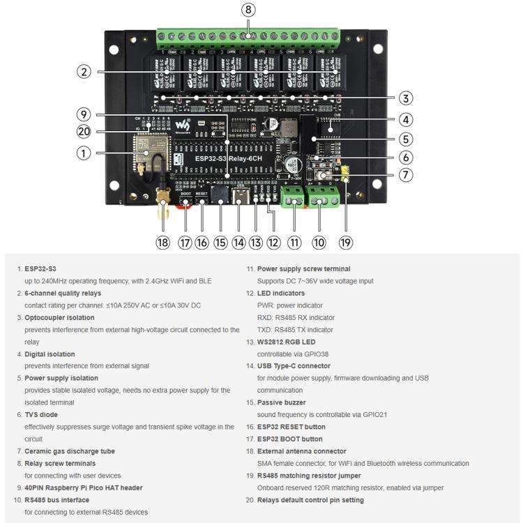 Waveshare 26756 Industrial 6-Channel ESP32-S3 WiFi Relay Module Supports WiFi / Bluetooth / RS485...