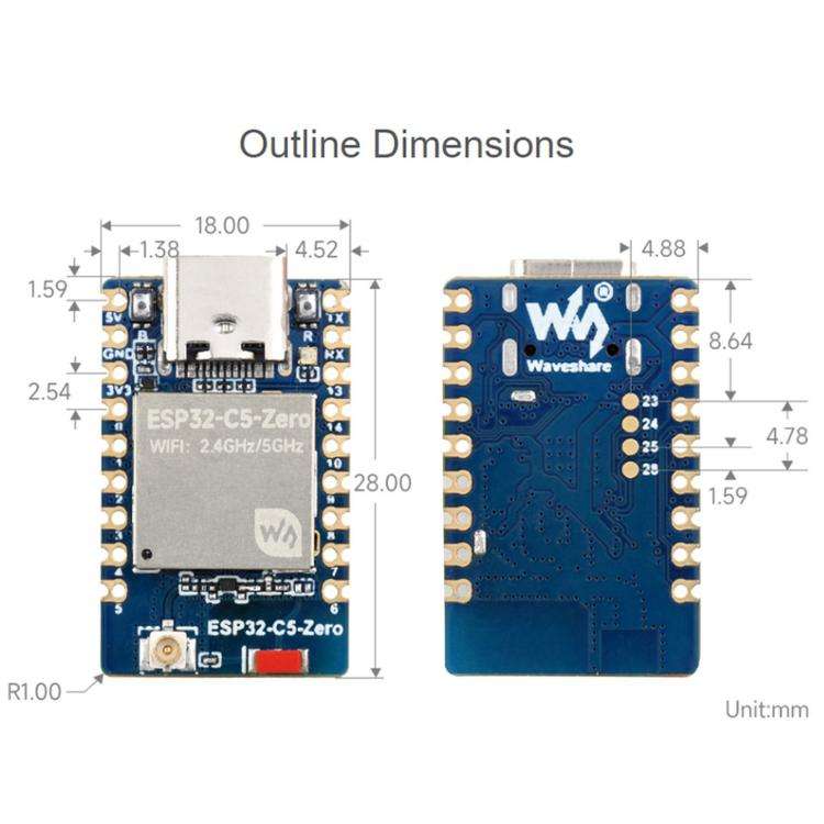 Waveshare ESP32-C5-Zero Mini Development Board With RISC-V 32-Bit Processor, Version: Pin Header ...