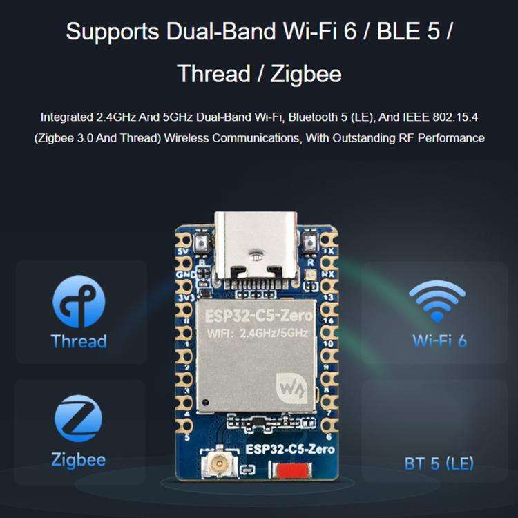 Waveshare ESP32-C5-Zero Mini Development Board With RISC-V 32-Bit Processor, Version: No Pin Header