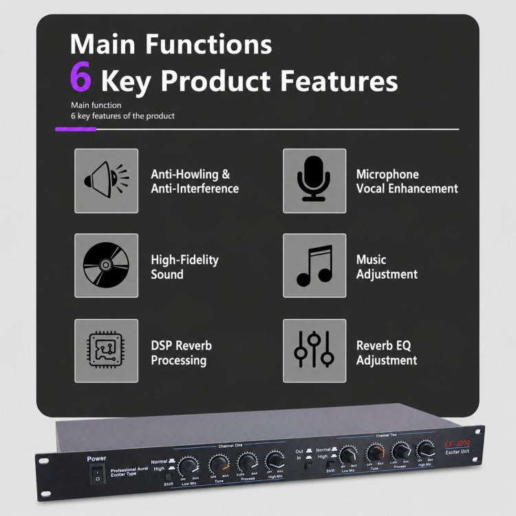 EX3000 Professional Aural Exciter Dual-Channel 1U Rackmount Audio Processor With DSP Reverb, EU Plug