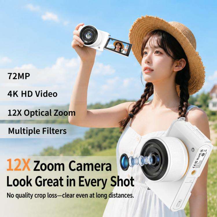 4K 72MP 12X Optical Zoom Digital Camera With 3.0-Inch Flip Screen And WiFi Beginner Vlogging Came...