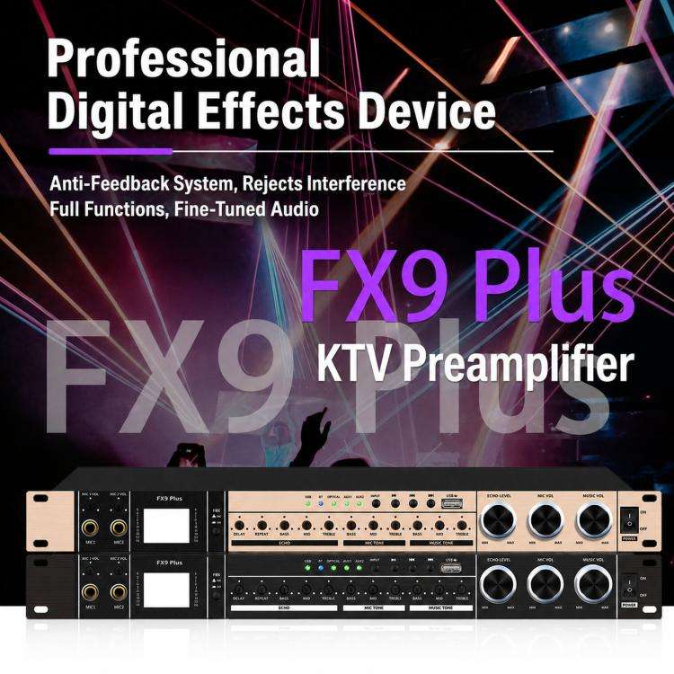 FX9plus Digital Karaoke Pre-Amplifier With Bluetooth USB DSP Reverb Effect Processor EU Plug(Gold)