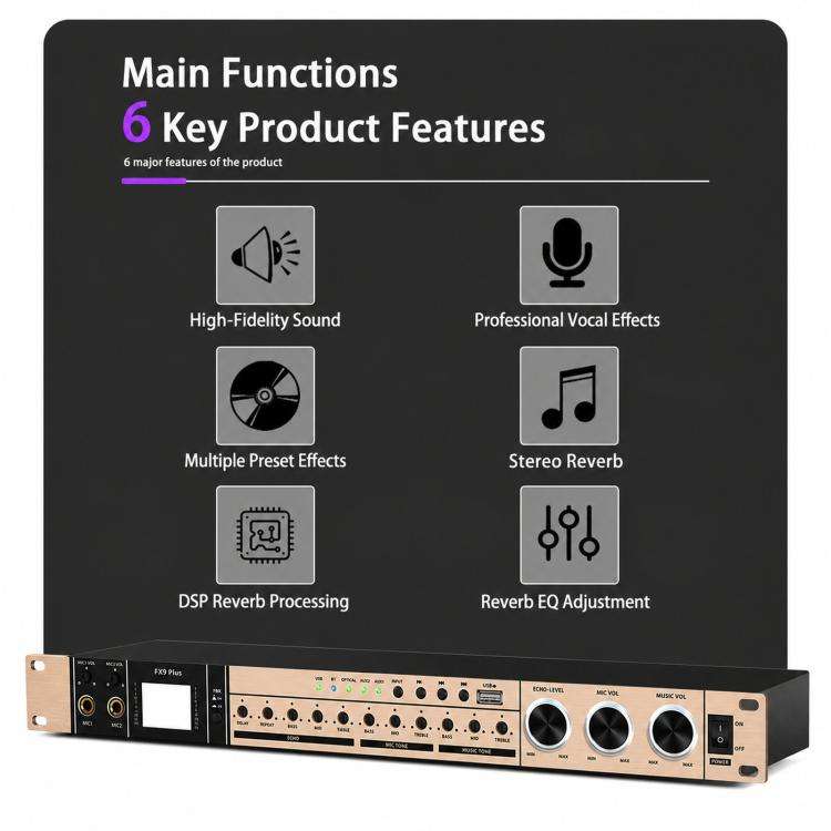FX9plus Digital Karaoke Pre-Amplifier With Bluetooth USB DSP Reverb Effect Processor US Plug(Black)