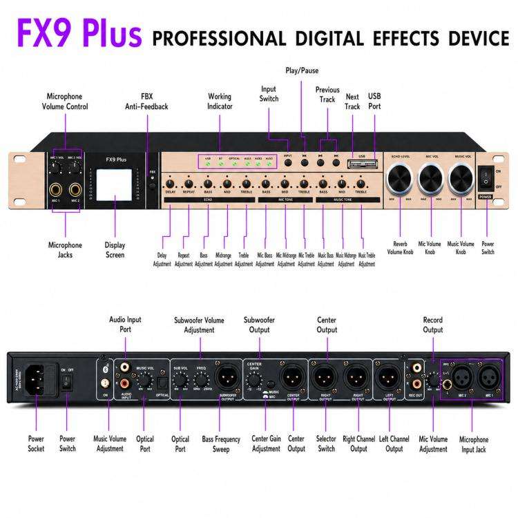 FX9plus Digital Karaoke Pre-Amplifier With Bluetooth USB DSP Reverb Effect Processor UK Plug(Gold)