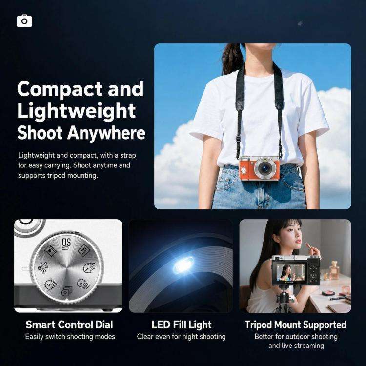 5K 18X Zoom Vlogging Camera With 180-Degree Flip Screen Dual Lens 80MP Digital Camera 32GB Card(B...