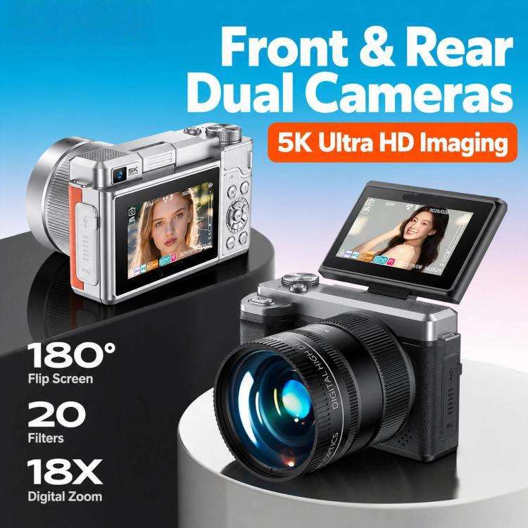 5K 18X Zoom Vlogging Camera With 180-Degree Flip Screen Dual Lens 80MP Digital Camera 32GB Card(B...