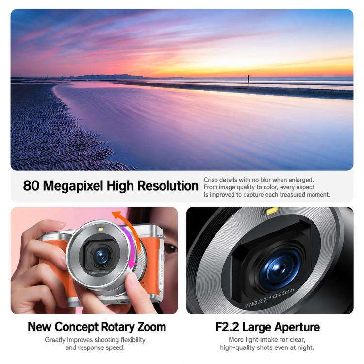 5K 18X Zoom Vlogging Camera With 180-Degree Flip Screen Dual Lens 80MP Digital Camera 32GB Card(B...