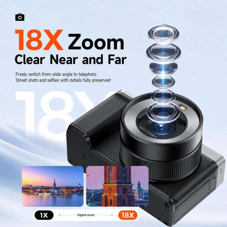 5K 18X Zoom Vlogging Camera With 180-Degree Flip Screen Dual Lens 80MP Digital Camera 32GB Card(B...