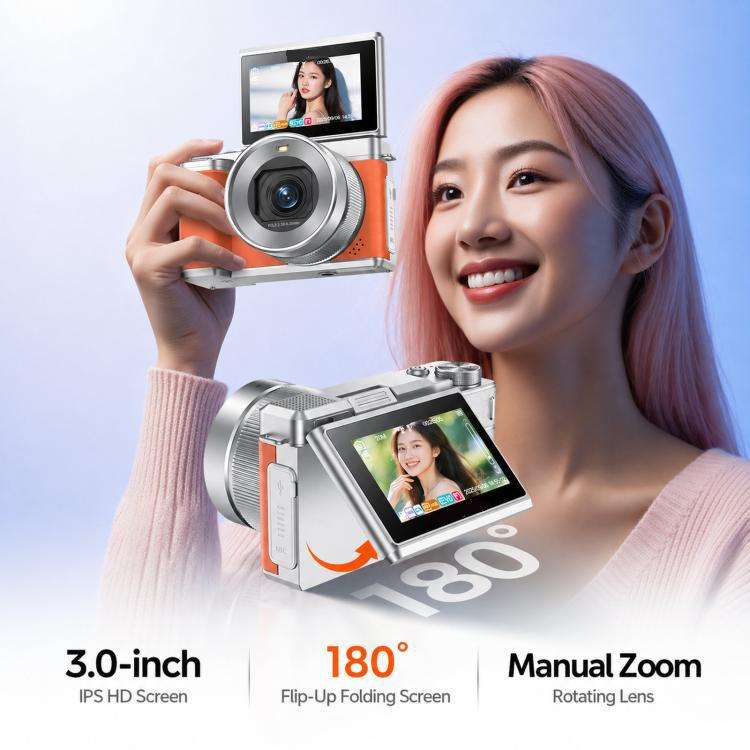 5K 18X Zoom Vlogging Camera With 180-Degree Flip Screen Dual Lens 80MP Digital Camera 32GB Card(B...