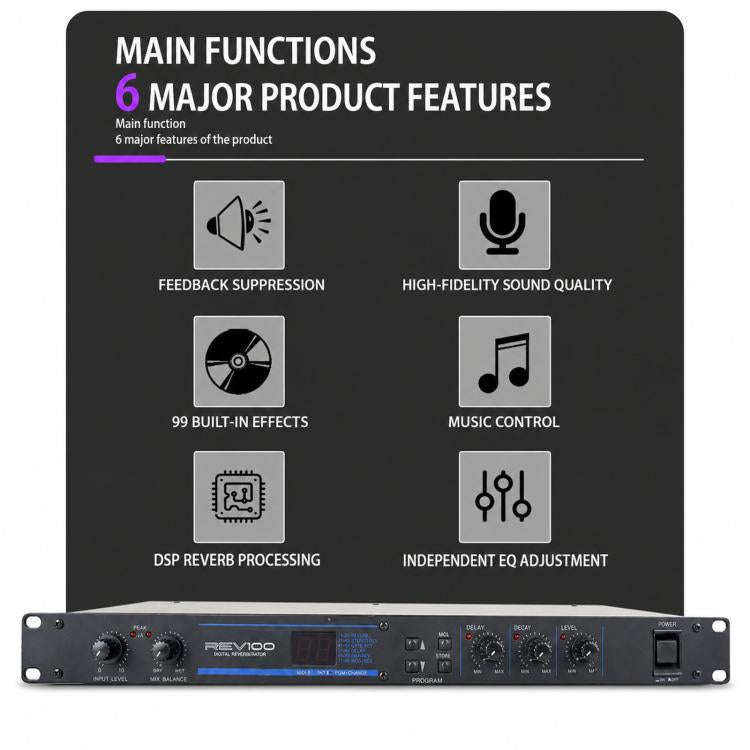 REV100 Professional Digital Reverb Effects Processor Stereo Delay Reverberator For Stage & Studio...