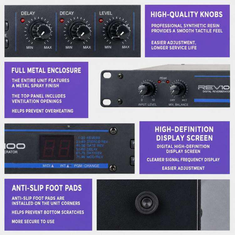 REV100 Professional Digital Reverb Effects Processor Stereo Delay Reverberator For Stage & Studio...