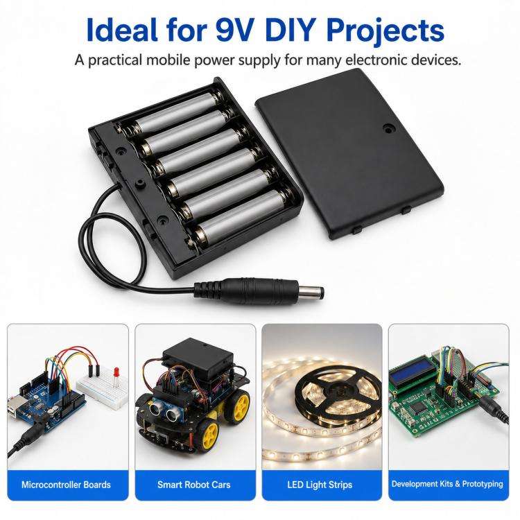 6 AA 9V Battery Holder with Cover and ON/OFF Switch Double A Battery Case with 5.5mm x 2.1mm DC M...
