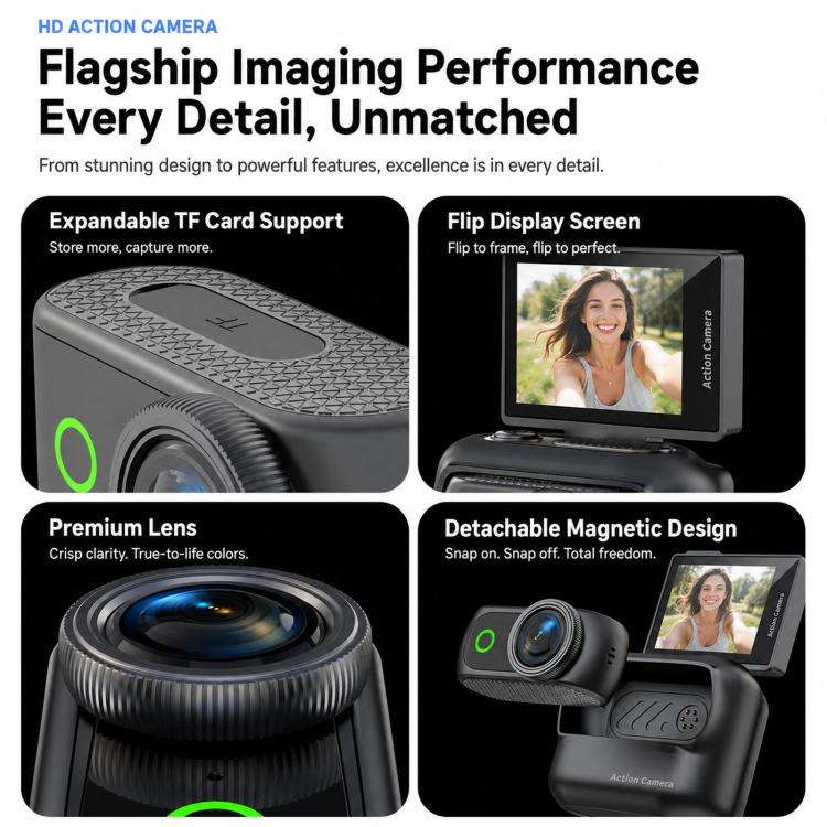 1080P Mini Thumb Action Camera with 2.0-inch Flip Screen Magnetic Wearable Body Cam & Charging Ca...