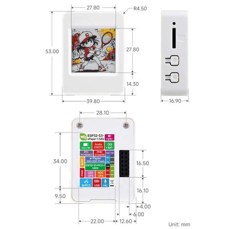 Waveshare ESP32-S3 1.54-Inch E-Ink AIoT Development Board, 200×200 Resolution(Without Lithium Ba...