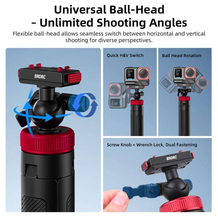 For Insta360 Ace Pro 2 / X5 BRDRC 1.6m Ball Head Quick-Release Tripod Selfie Extension Pole(Black)